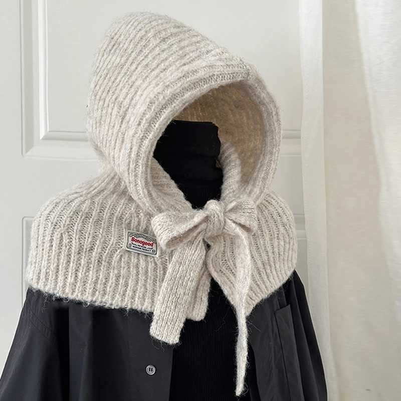 Beanie/Skull Caps Fashionable Wool Knitted Balaclava Cap Winter Autumn Warm Hat With Attached Scarf Women Korean Style Versatile Wool Shawl Hat Q261