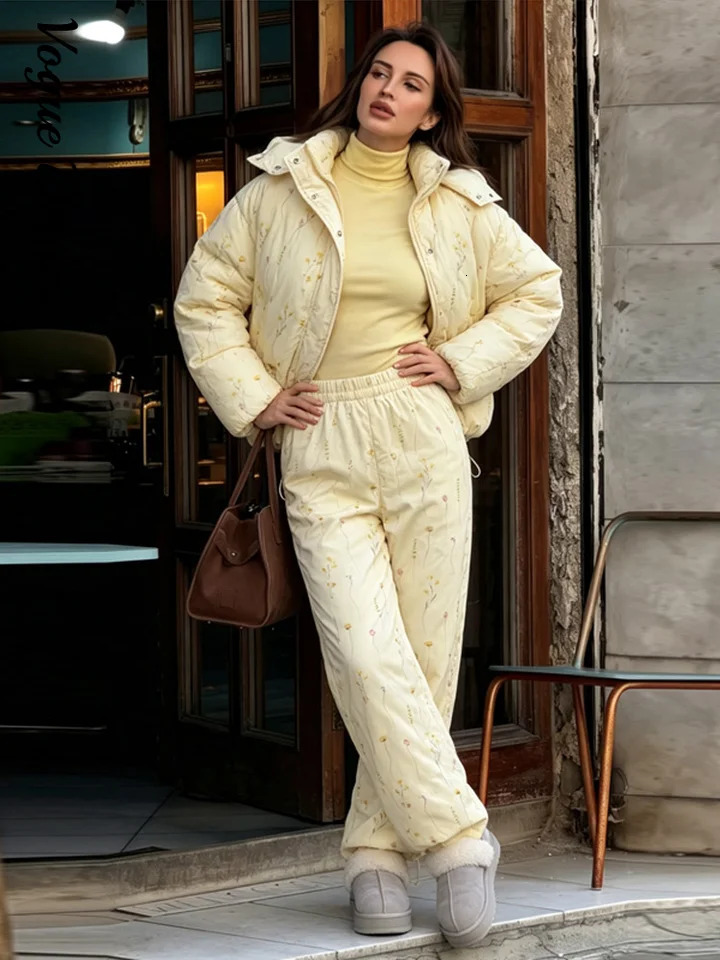 Casual Printed Loose Coat Trouser Suits Women Hooded Zippers Thicken Tops Long Pants Lady Set 2026 Autumn Winter Female Suits 261016