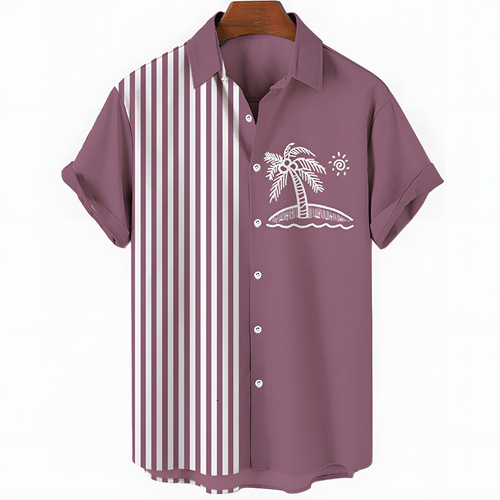 2026 26 Summer Short-Sleeved Shirt, Coconut Tree Print, Plus Size, Casual Style, Trendy Chinese Design, Men's Clothing, Top, Shirt Free Shippin