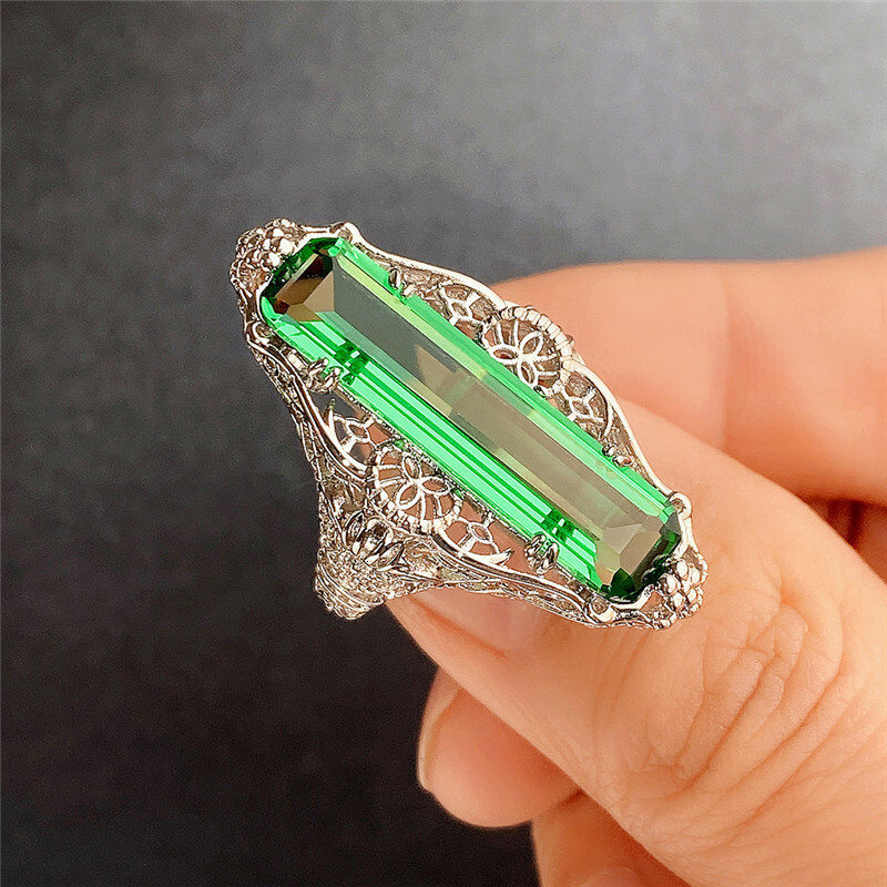 Huitan Cross-Border Best-Selling Jewelry: Vintage Hollow Pattern Green Zircon For Women, Fashionable And Elegant Ladies' Ring