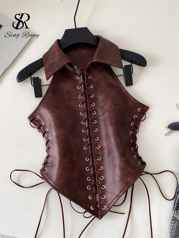 SINGREINY Girl PU Leather Sexy Bustier American Retro Lace Up Lapel Sleeveless Ins Top Women sweet Trendy Street Tank 261017