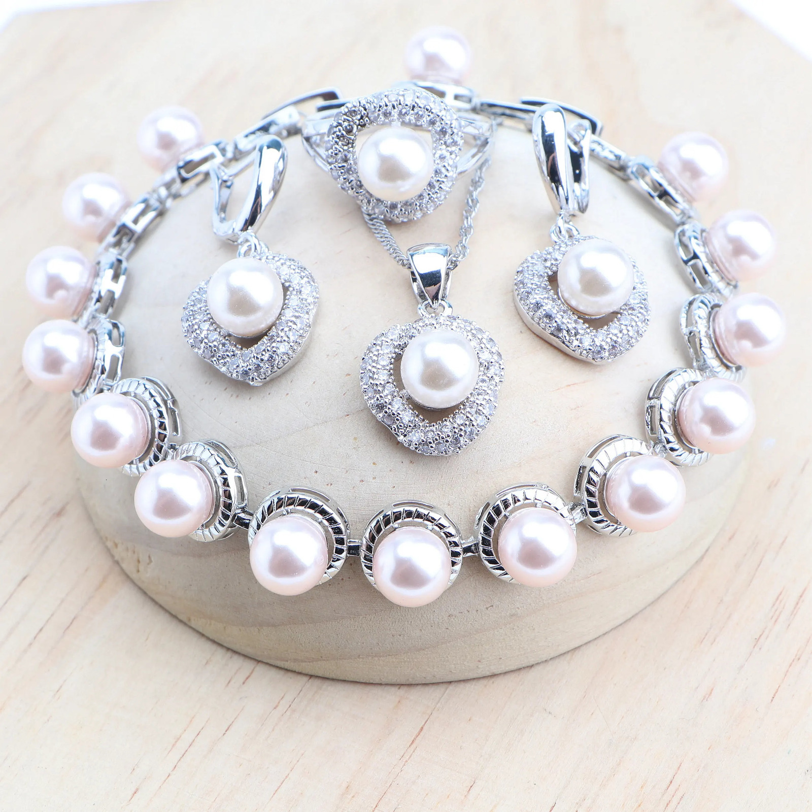 Natural Pearls Jewelry Sets 925 Silver Bridal Earrings Bracelets Rings Pendant Wedding Necklace Set Zircon Jewellery For Women 261017