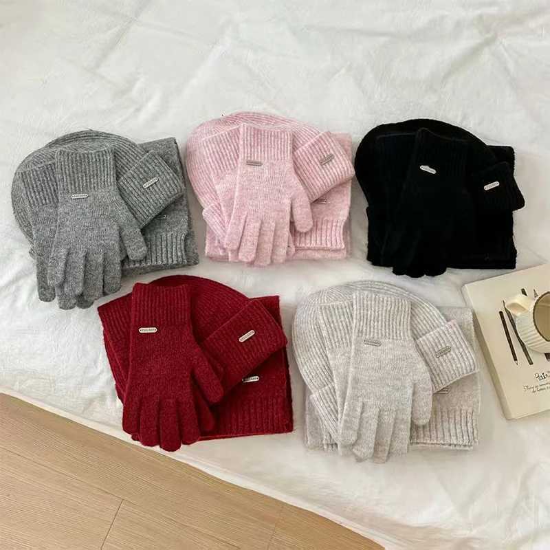 Beanie/Skull Caps Winter New 3 Piece Set Women Knitted Hat Solid Color Men Thicken Warm Knit Neck Scarf Gloves Cap Outdoor Coldproof Beanies Hats Q2