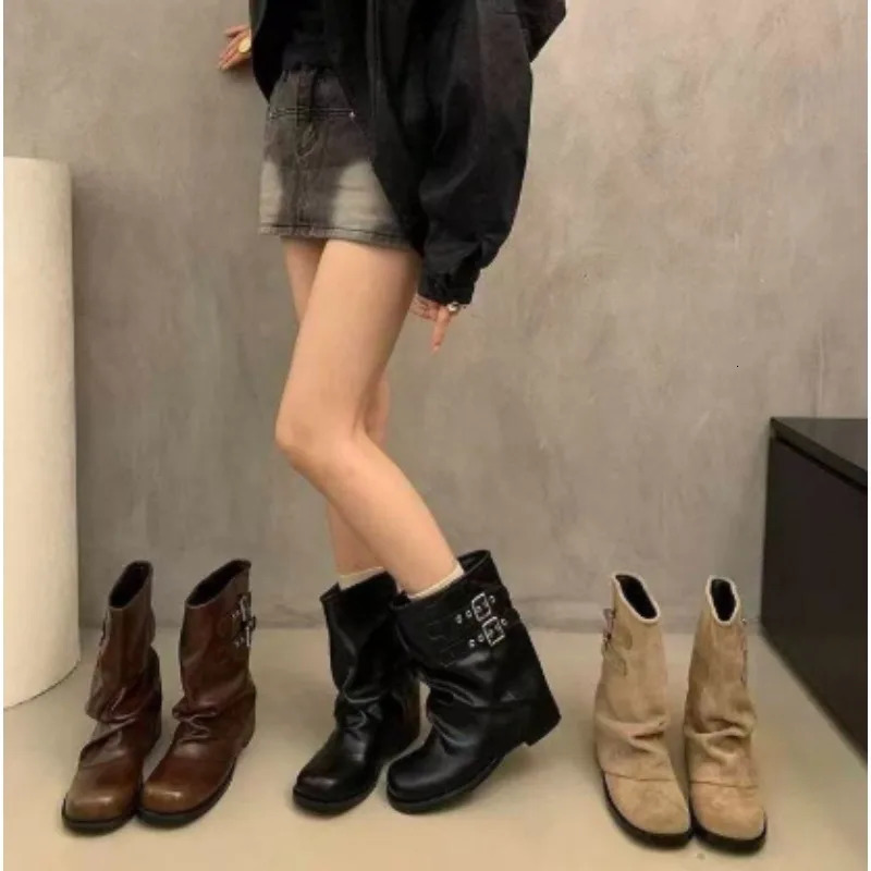 Women Buckle Decor Slouch Mid Calf Boots Faux Leather Round Toe Hidden Wedge Heel Pull On Casual Boots 261013