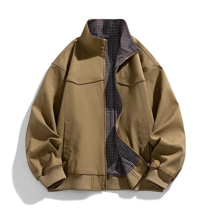 Men Coat Spring Autumn Fashion Plaid Patchwork Turn Down Collar Male Jacket American Long Sve Zipper Loose Man Outerwear S261017DI6Z