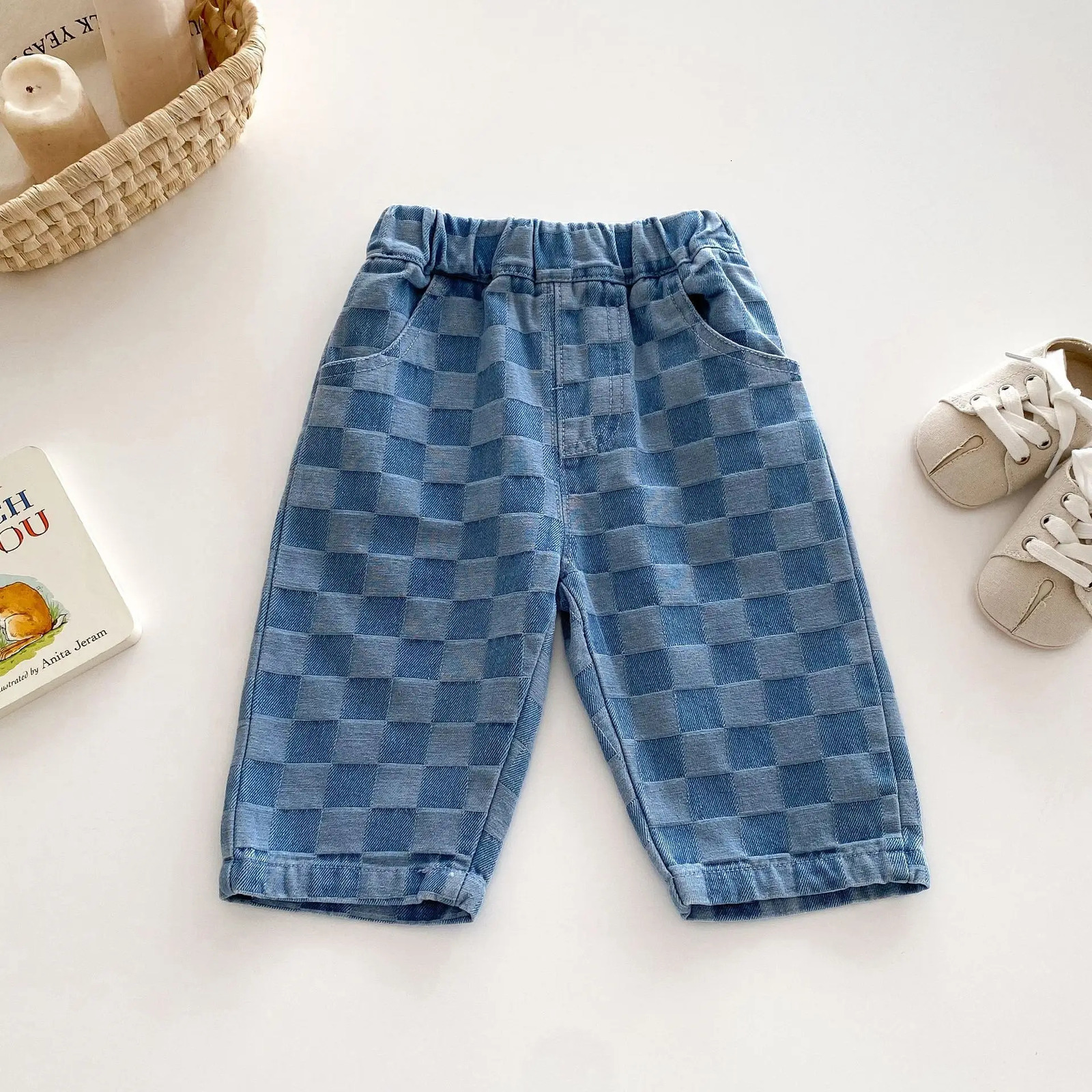 6M-5 Y Autumn Kids Pants Korean Style Soft Elastic Waist Loose Long Children Trousers Cotton Grid Jeans for Boys Girls261016