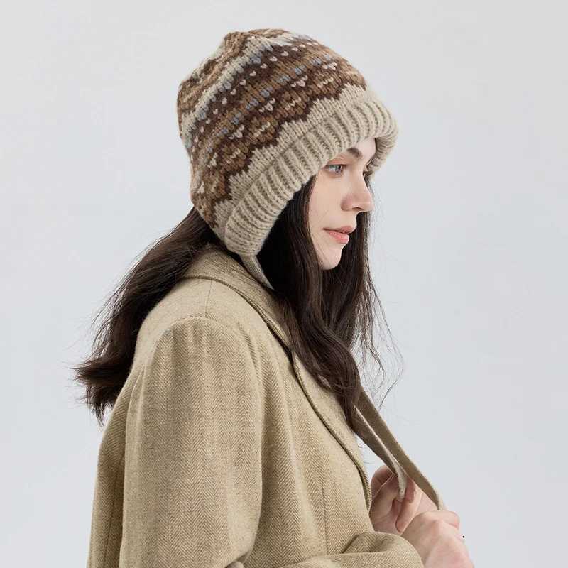 Beanie/Skull Caps Cozy Fair Isle Beanie Women Winter Hat with Ear Flaps Windproof Warm Chunky Knit Cap for Cold Weather Statement Ski Hat Q261017