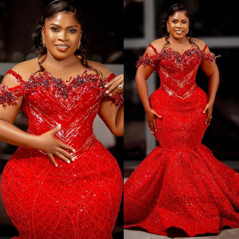 Plus Size Red Mermaid Prom Dress Evening Dresses Sparkly 3D Flora Sheer Neck Mesh Crystals Sequined Lace Formal For Nigeria Black Women Birthday Gow