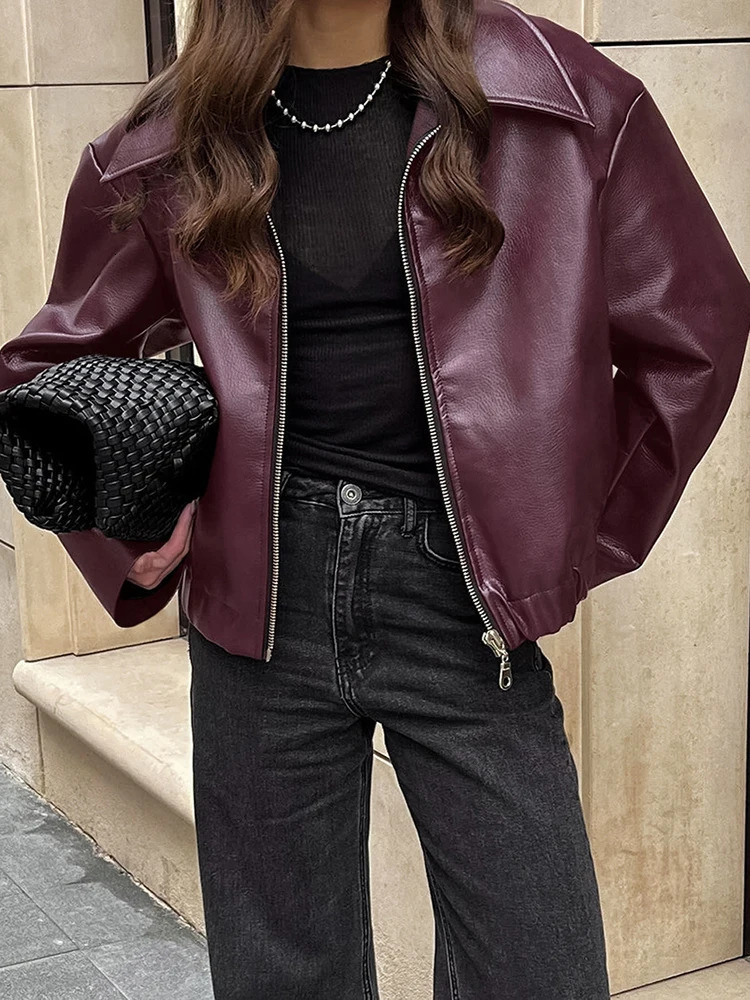 Fashion PU Leather Loose Jacket Women Spring Lapel Zipper Long Sleeve Outerwears Streetwear Burgundy Female Coat 261016