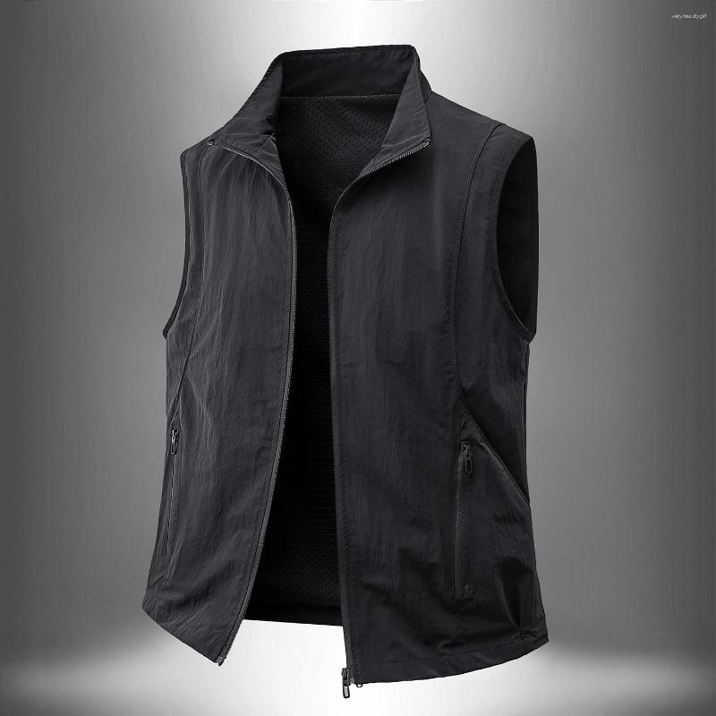 Men Autumn Stand Collar Vests Water Resistant Breathable Zip Up Sleeveless Jackets Casual Loose Outwear Waistcoat Mens Vest