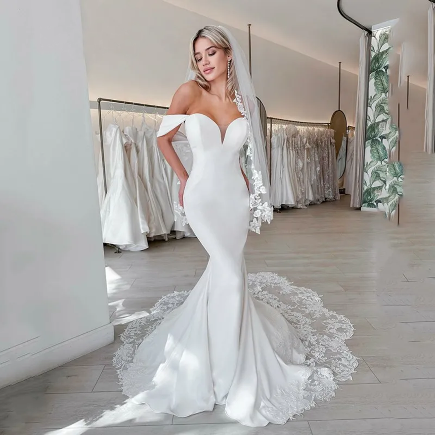Elegant Mermaid Wedding Dresses Women Sweetheart Lace Open Back Off The Shoulder Bridal Gown Train Vestidos De Novia Customized ZJ355