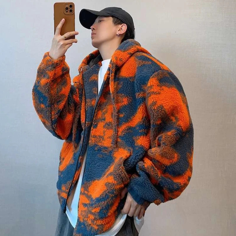 Mens Tie Dye Hoodie Jacket Winter Orange Flame Print Sherpa Lined Thick Coat Oversized Big Size Zip Up Streetwear 261016