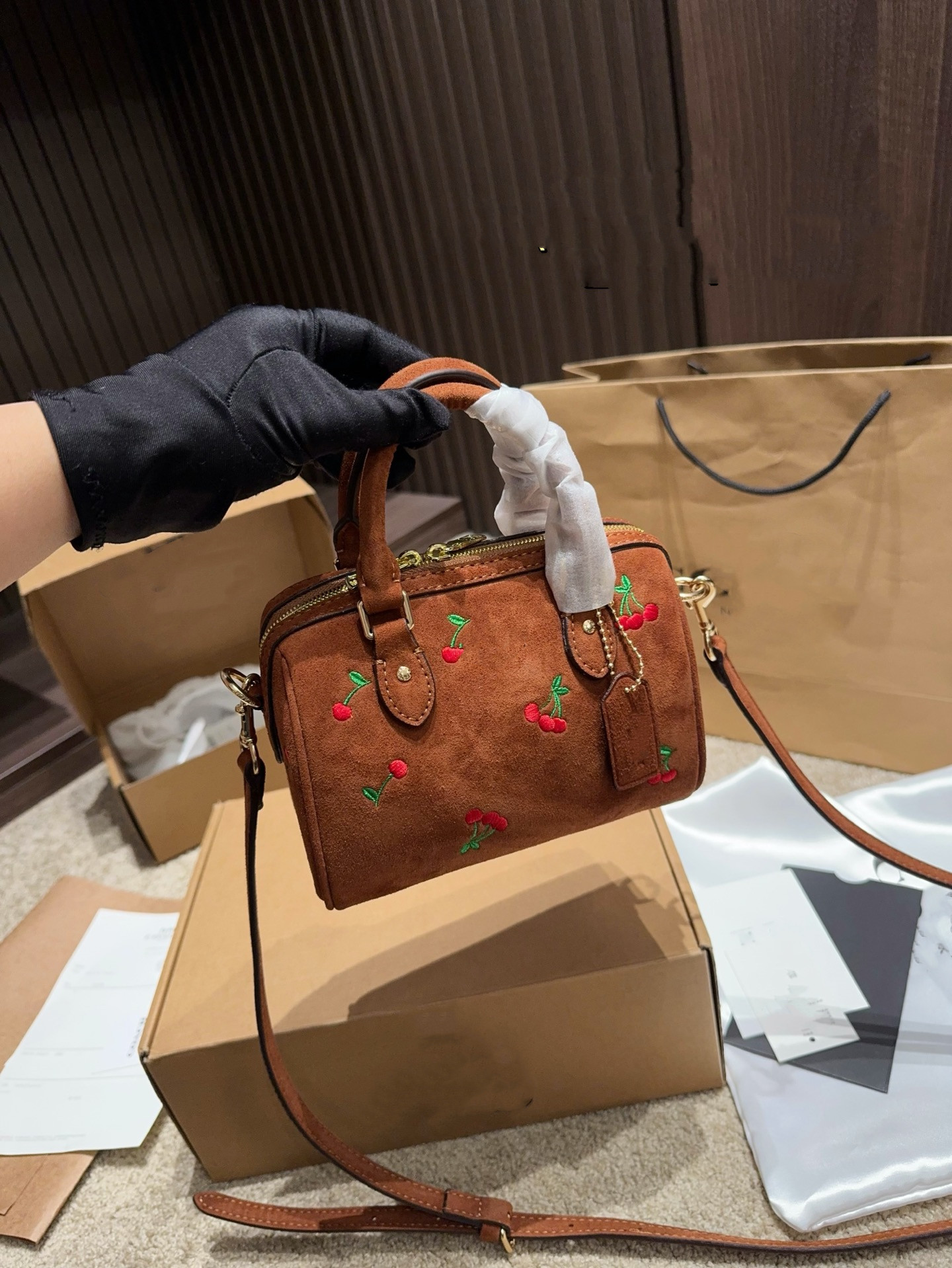 luxury boston bags designer rowan satchel bag women Suede vintage cherry embroidery shoulder crossbody handbag Ladies cherry tote Purse travel bags