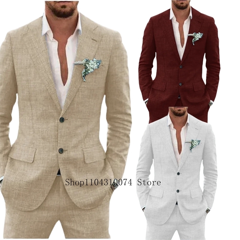 2 Pieces Blazer and Pants Set Linen Suit Tailored Suits Pocket in A Slot Mens ner Clothes Vest for Office Evening Party 260930