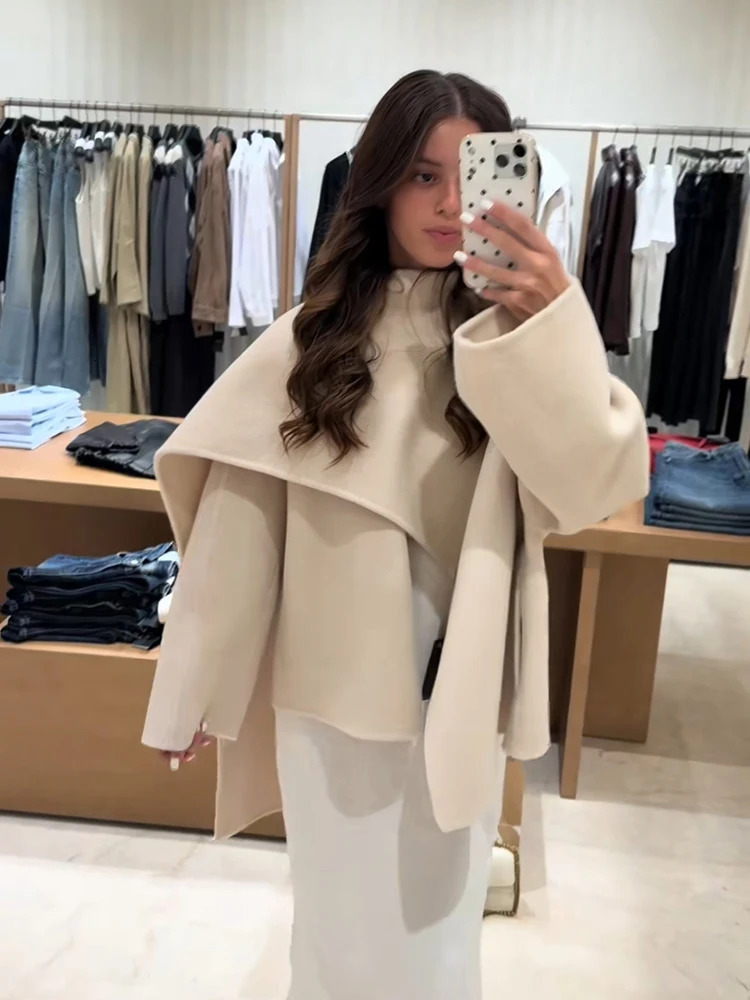Women's Jacket Outerwear Scarf Collar Solid Long Sleeve Coat Loose Asymmetric Draped Jacket Elegant Casual Street Coat Ladies 261016