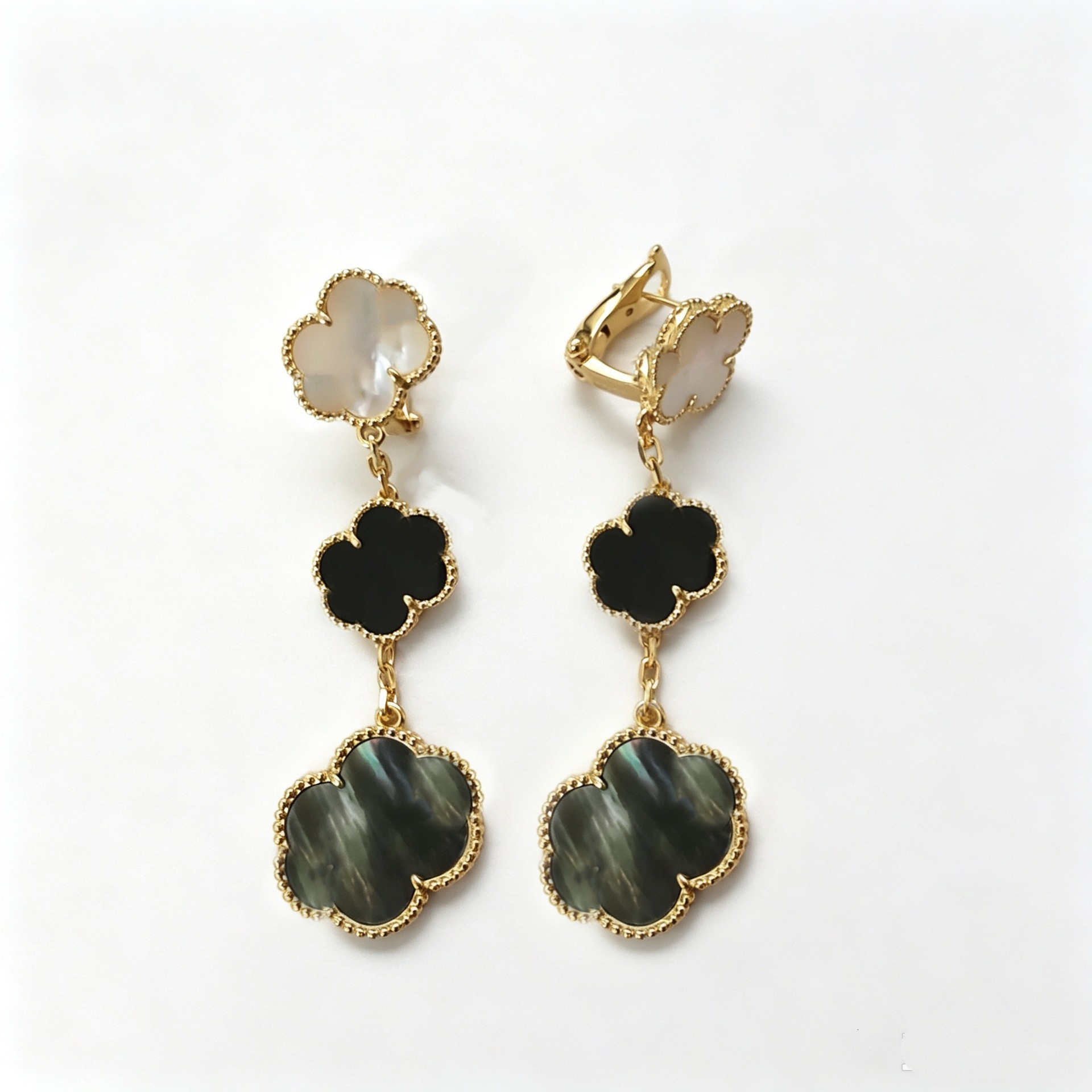 Designer Jewelry vanly Stylish three-leaf clover earrings with mother-of-pearl and black onyx accents, a luxurious French-style long earring for wom