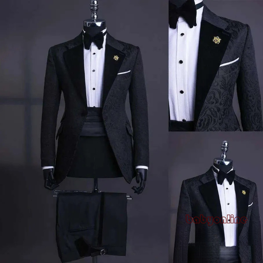 Two Pieces Customized Tailor Made Jacquard Men's Suits Tailored Blazer Pants Peaked Velvet Lapel One Button Wedding Slim Fit Groom Formal Occas