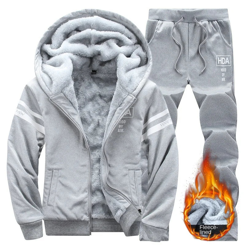 Men Thick Warm Winter Tracksuit 2 Piece Set Sherpa Fleece Lined Hooded Zip Up Jacket Drawstring Jogger Pants Letter Print Casual 261016