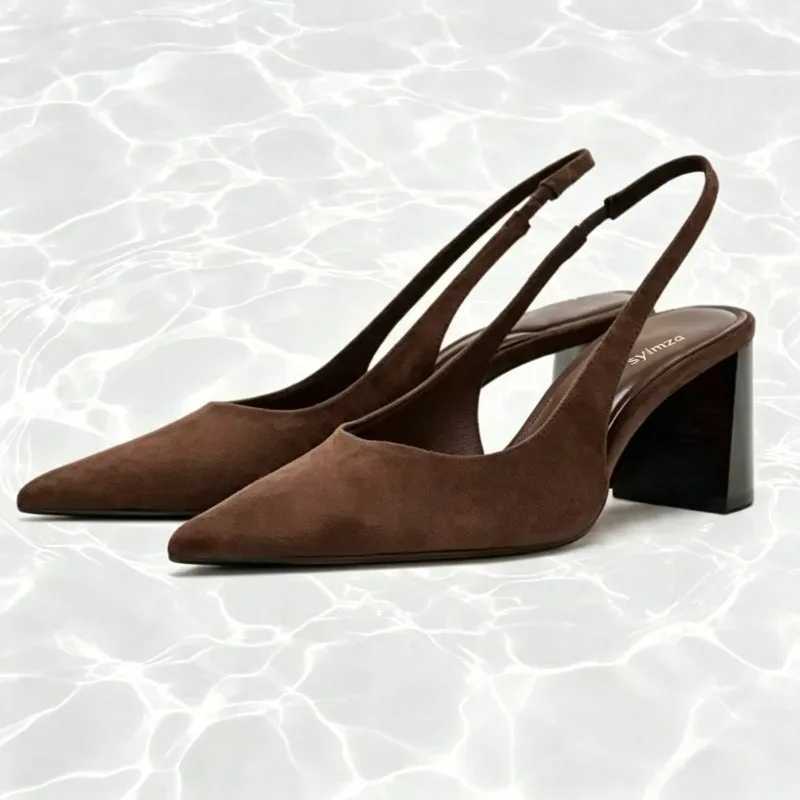 High Quality Faux Suede Slingback Pumps Women Retro Brown Pointed Toe Chunky Heel Design Sandals Elegant Commuter Office Shoes Q261015
