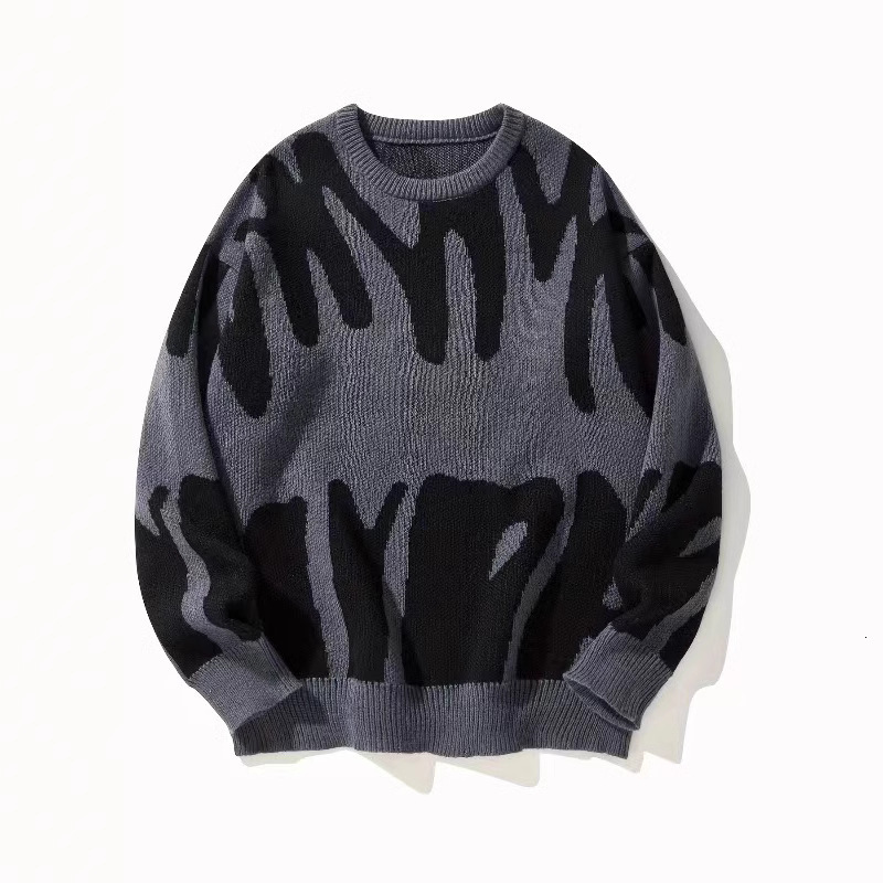 Men's Autumn Winter New Trendy Version Personality Round Neck Jacquard Sweater Youth Black White Jacquard Plus Size Knitted Sweater