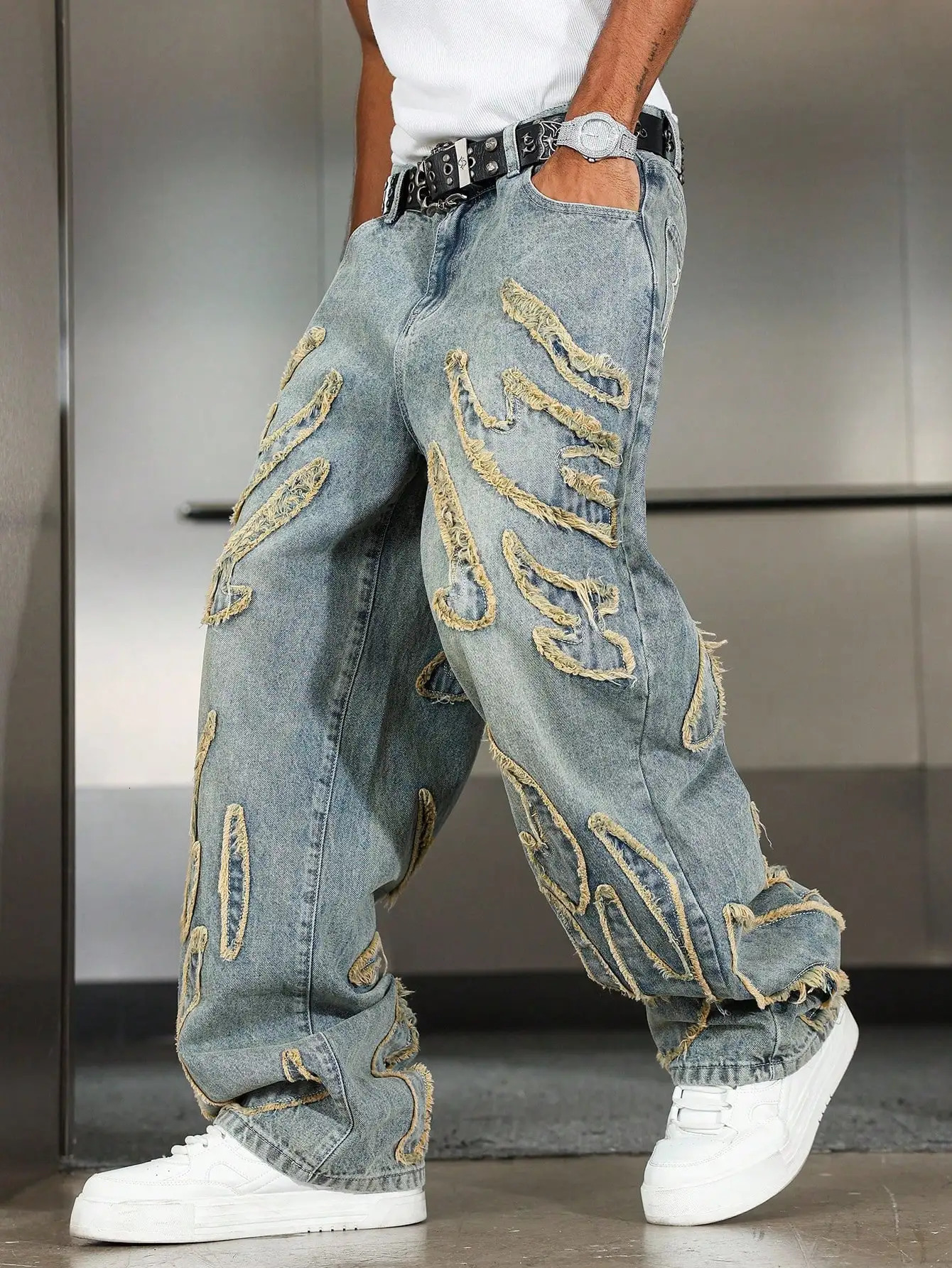 Mens Street Style Casual Patchwork Embroidered Frayed Hem Macau Blue Denim Jeans Trendy Loose Fit Straight Leg Pants 261017