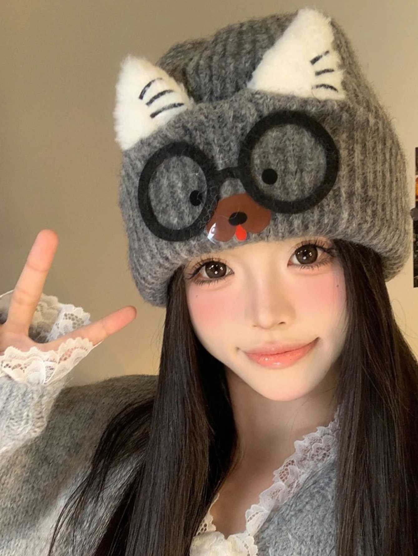 Beanie/Skull Caps Autumn and Winter Warm Glasses Cat Ear Knitted Hat Women's Face Enhancement Small Ear Protection Cute Woolen Hat Matching Q26