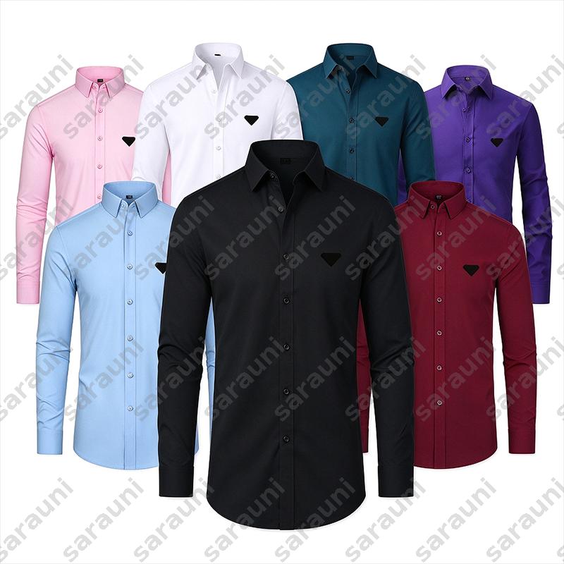 Mens Shirts Luxury Solid Color Long Sleeve Shirt Slim Fit Stretch Wrinkle Resistant Button Up Shirt Business Casual Formal Tops Multi Colors