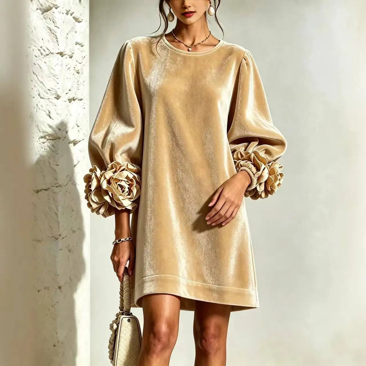 Fall Winter Arrival Women Korean Velvet Dress Fashion Long Sleeve Dress with 3D Stereo Floral Cuffs for Party Daily 261016