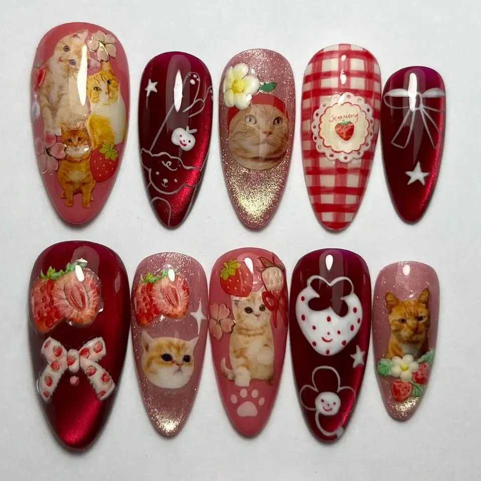 False Nails 24pcs Strawberry Cat's Eye Press On Nails Japenese Vintage Style Almond False Nails Cute Cat Bows Plaid Printed Fake Nail Tips Q261