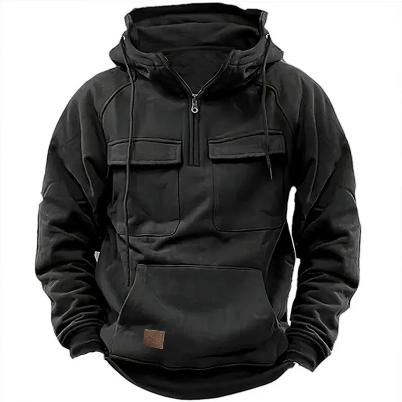 Autumn Winter Hoodies Men halfzip Patchwork Warm Fleece Sweatshirts Multi Pockets Male Fashion casual pullover Outdoor Hoodie 261017