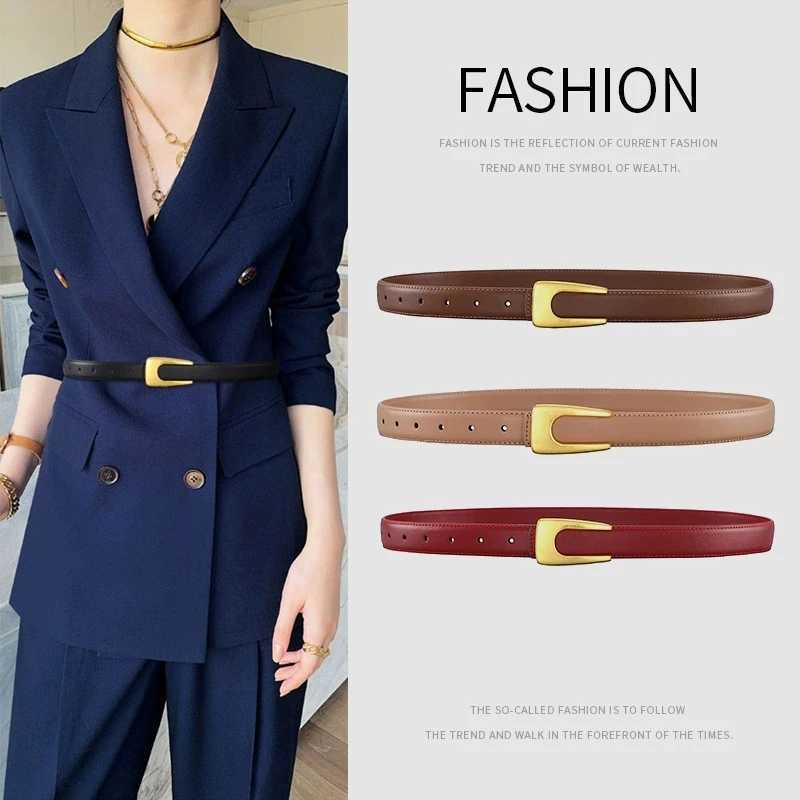 Women's Retro U-Buckle Genuine Leather Belt Minimalist Versatile Decorative Dress Suit Waist Belt Women's Slim Style S261017C6QP