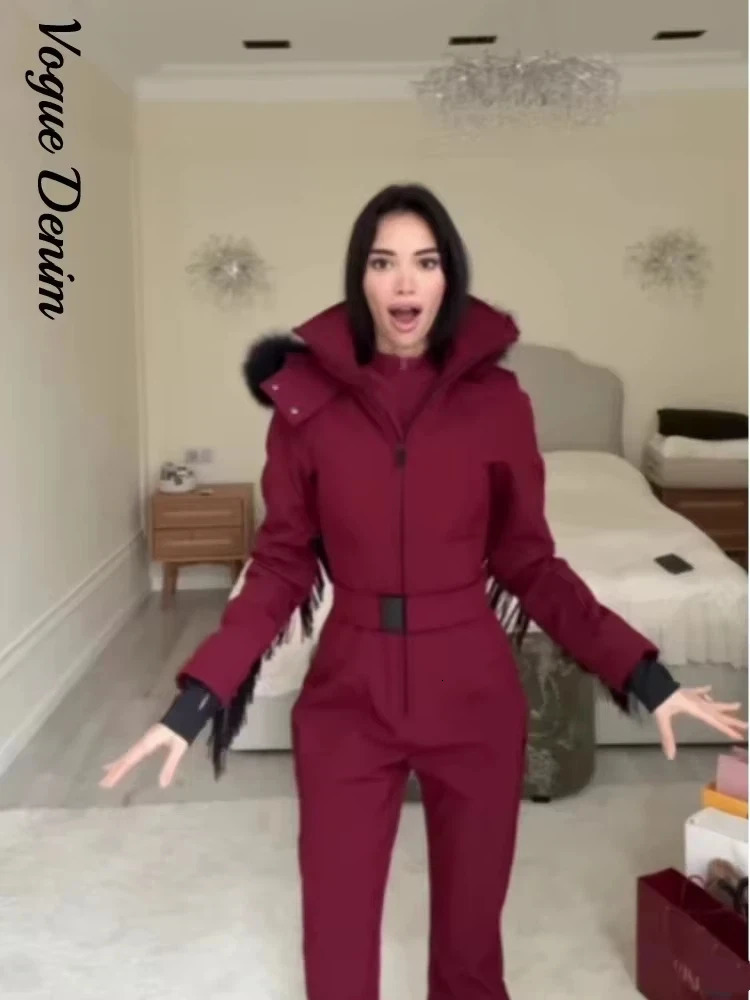 Casual Solid Tassels Womens Ski Suit Zippers Fur Hooded Slim High Waist Lady Jumpsuits Winter Fashion Female Warm Skiwear 261016