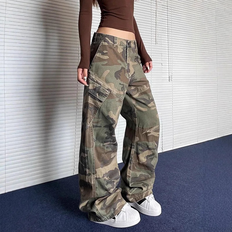 Men Women Camo Cargo Pants Retro High Street Slant Pocket Wide Leg Loose Straight Trousers Fashion Casual Sweatpants Daily Wear 261017
