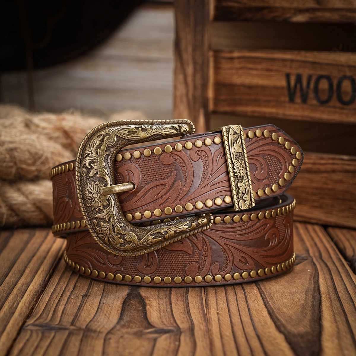 Men Women-Western-Cowboy-PU Leather-Belts - Vintage Horse Belt Floral Engraved Buckle Belt for Jeans S261017ZRFT