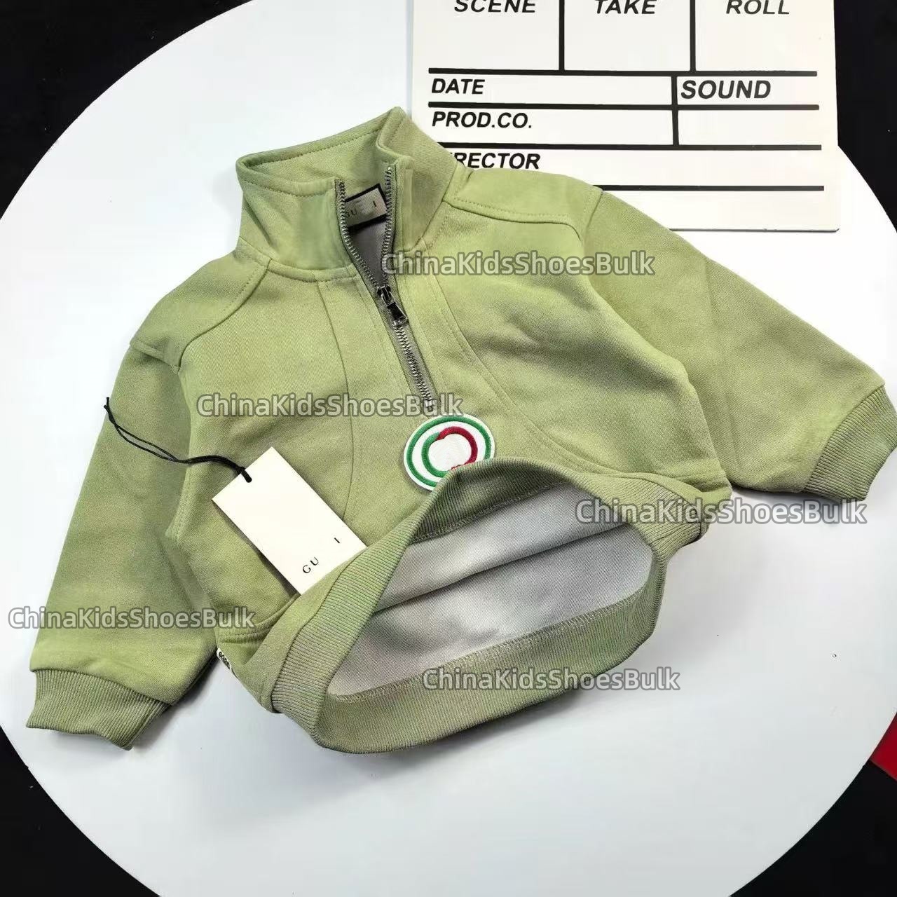 Free Shipping Toddler Boys Girls Half Zip Stand Collar Sweatshirt, Kids Green Embroidered Logo Long Sleeve Pullover Casual Spring Autumn Children Ou
