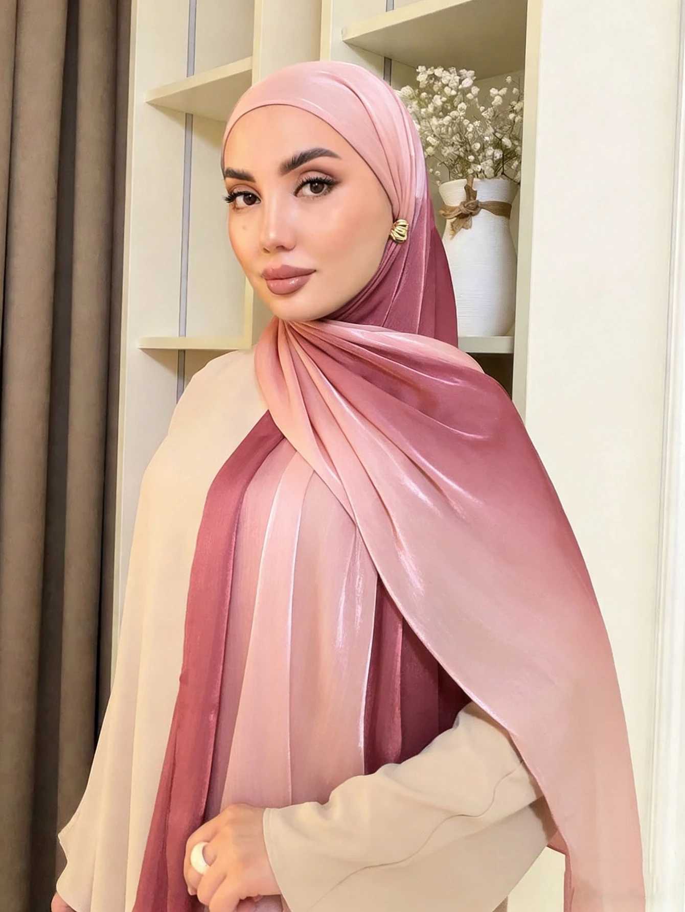 Luxury Two-color Gradient Hijab Premium Shiny Satin Scarf Elegant Islamic Head Wrap Modest Muslim Headscarf for Wedding S261017FZAD