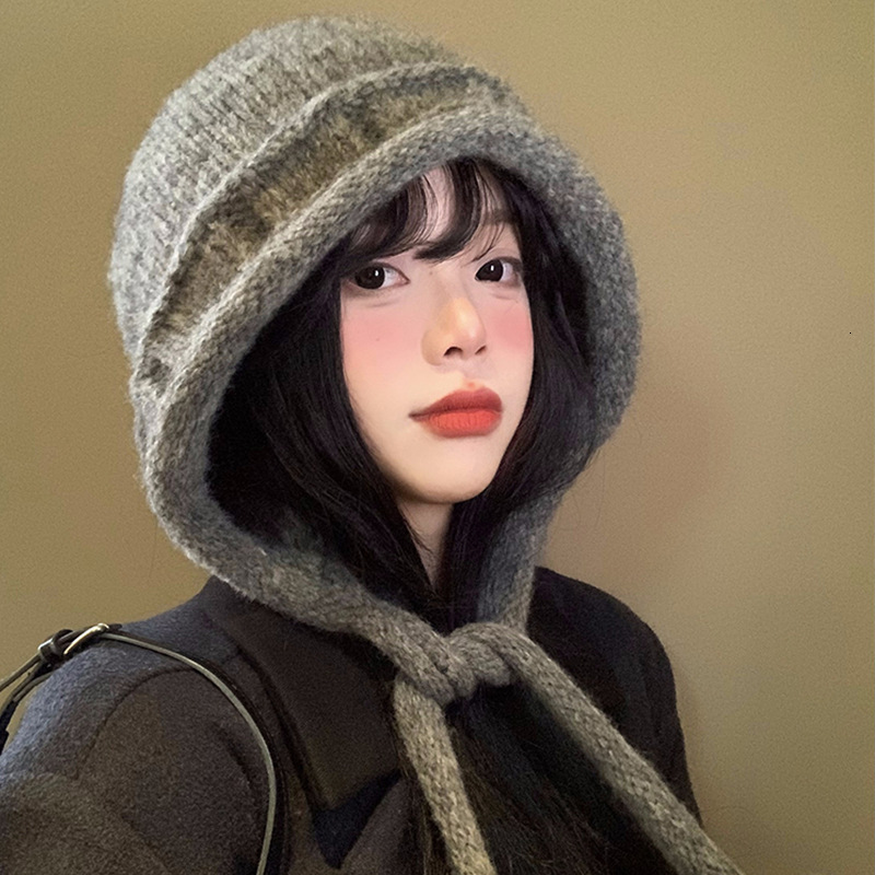 Face-Slimming Knitted with Band for Women, Autumn and Winter, Large Head Circumference, Solid Color Wool , Korean Style, Warm, Ear Protection, Head-