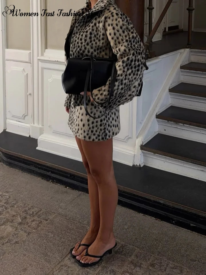 Leopard Print Faux Fur Coat Skirts Set Womens Slim Zipper Stand Collar Full Sleeve Jackets Mini Skirt 2026 Autumn Female Outfit 261016