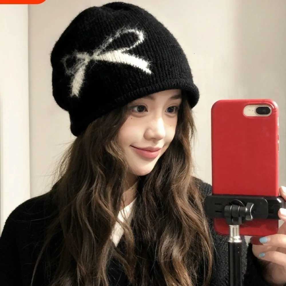 Beanie/Skull Caps Slouchy Jacquard Knitted Beanie Cap Bow Oversized Earflap Hat Thick Winter Warm Skull Cap For WomenT261017
