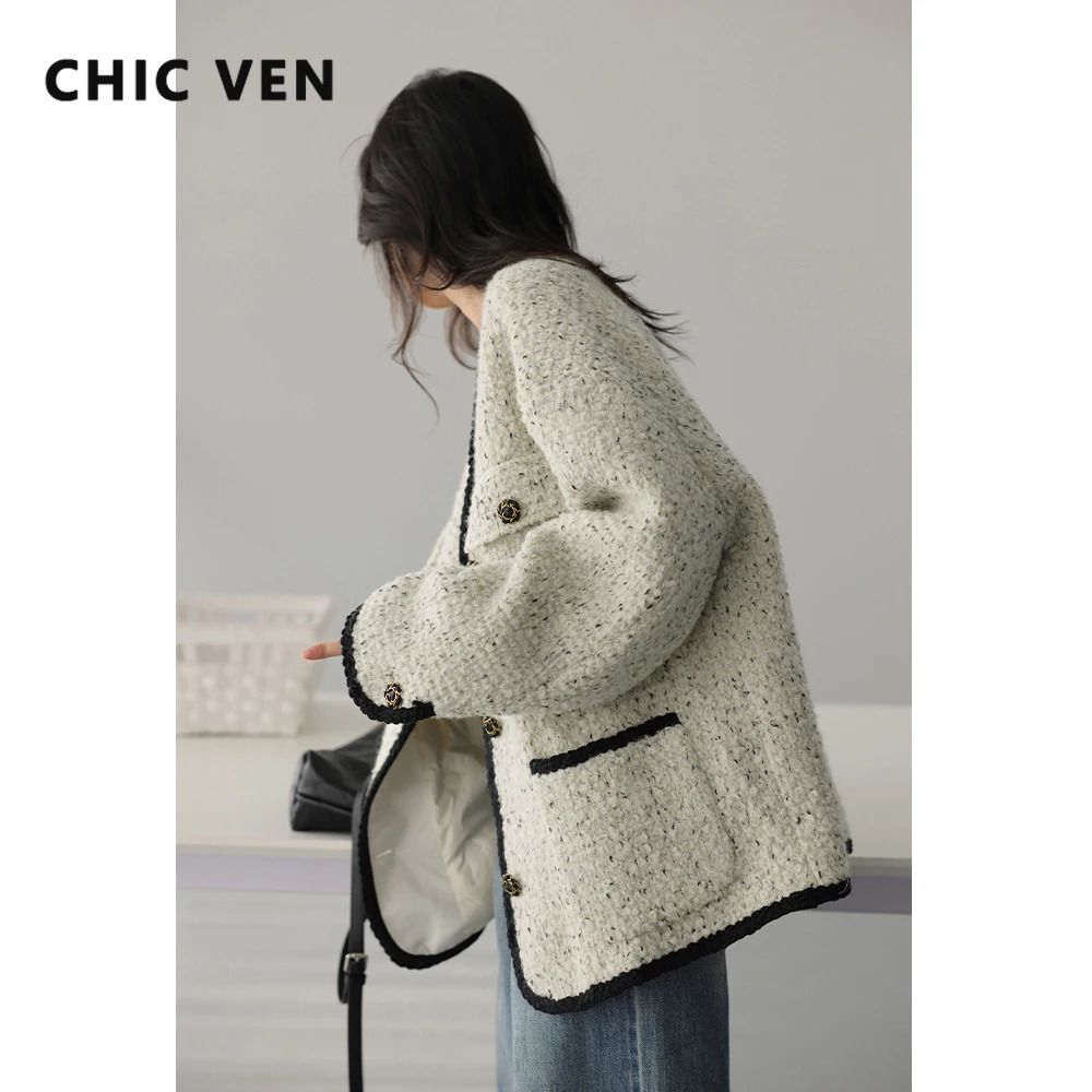 CHIC VEN Fashion Women's Wool Coat Single Breasted Vintage Jacket V-Neck Office Lady Overcoat Female Tops Spring Autumn 261014