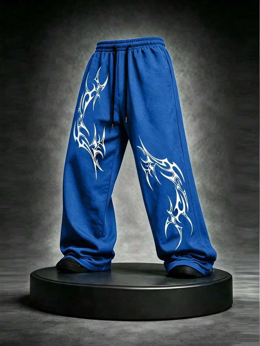 Dark Style Tribal Totem Printed Wide Leg Sweatpants for Men Y2K Hip-hop Loose Drawstring Casual Pants S261016WJG1
