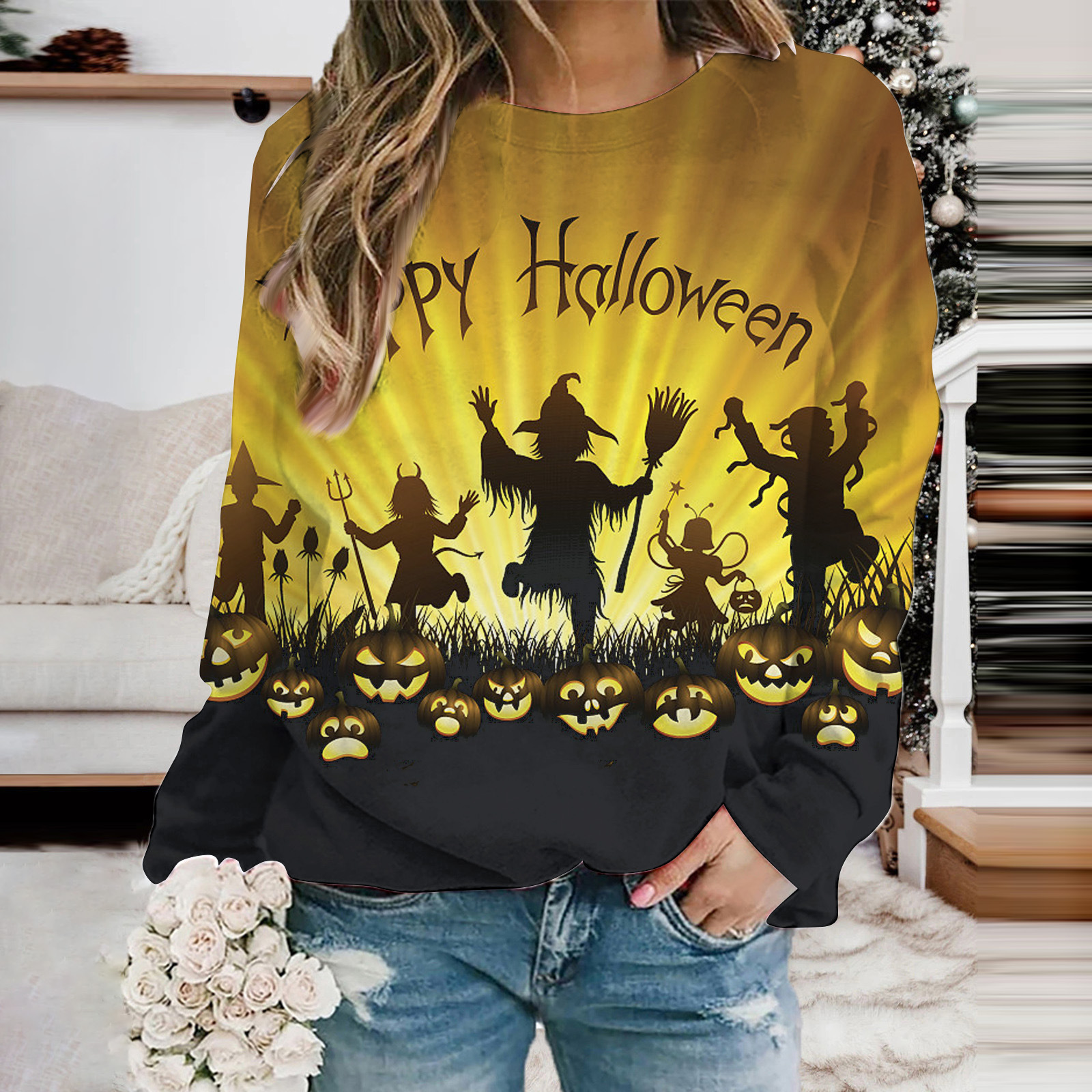 2026 New Halloween Party Pumpkin Bat 3D Digital Print Women's Crew Neck Sweatshirt Free Shipping