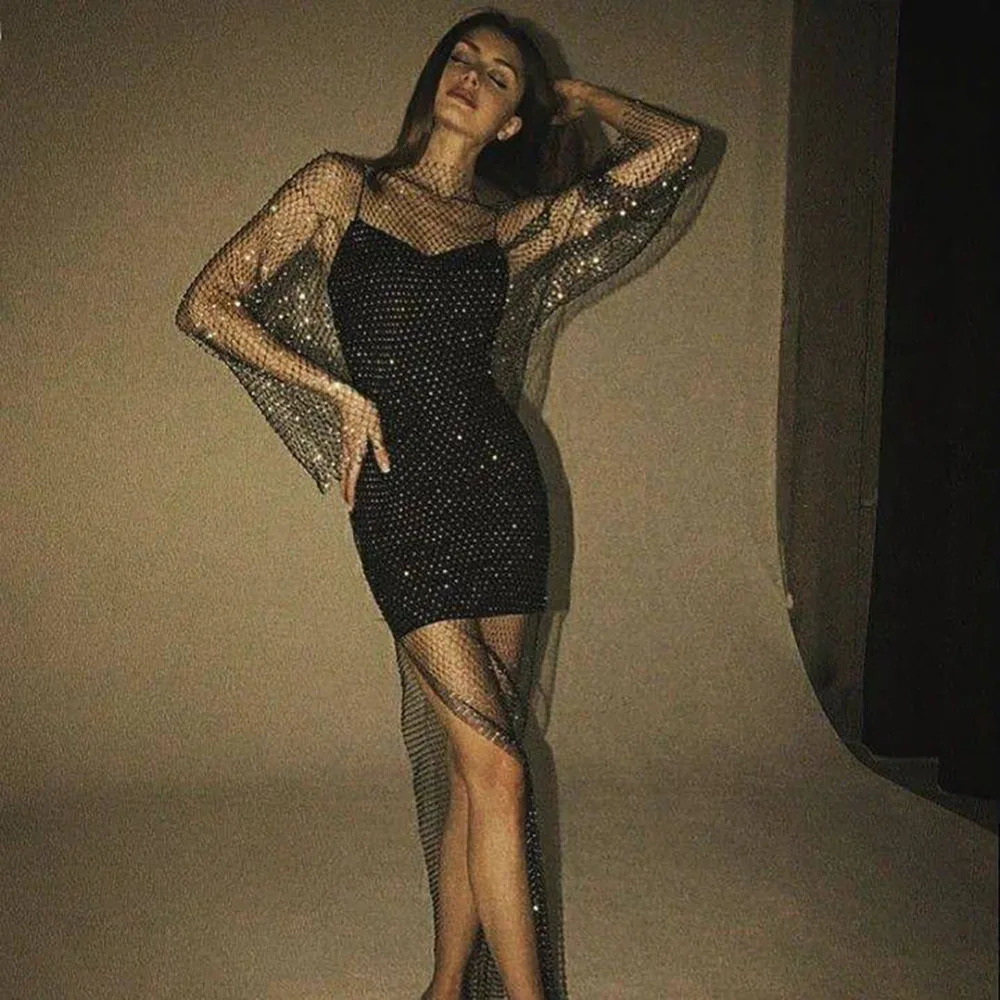 Sexy Rhinestone Shiny Grid Fishnet Dress Long Sleeve Beach Cover Hollow Out Side Slit Dress Up Breathable Women Vestido 261016