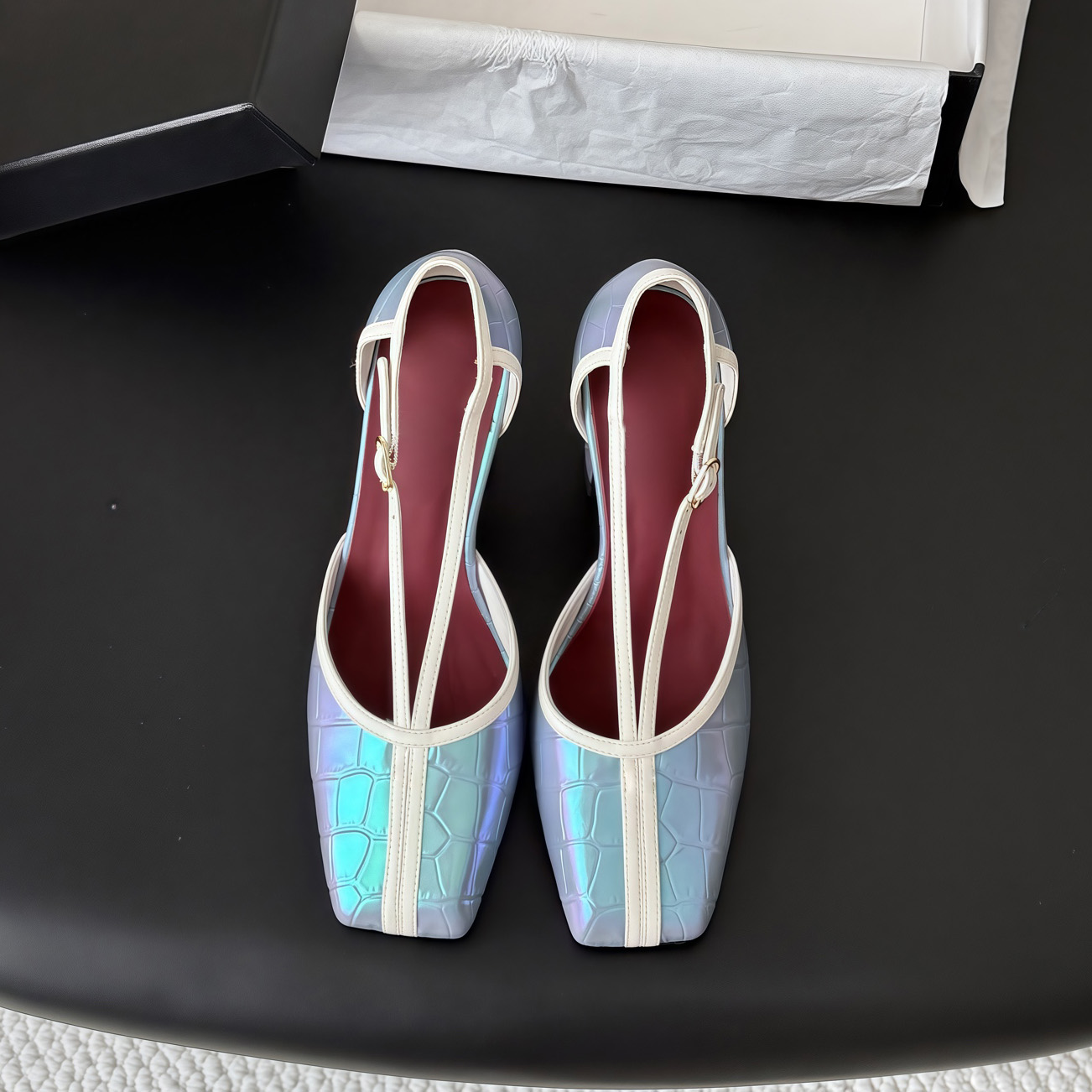 Iridescent Croc Mary Jane Flats Ladies Square Toe Slingback With Buckle Embroidered Logo Sheepskin Lining Genuine Leather Sole Casual Daily Fashion