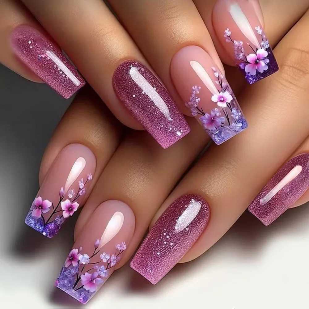 False Nails 24pcs Press on Nails Flower Design Mid-length Ballet False Nail Fashion Brown Full Cover Manicure Tips Datachable Fake Nails Set Q261017