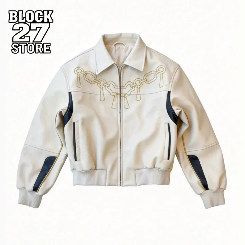 Mens PU Leather Jacket Embroidery Motorcycle Coat Harajuku Unisex Cropped Lapel Collar Vintage Streetwear Casual Fashion Trend 261013