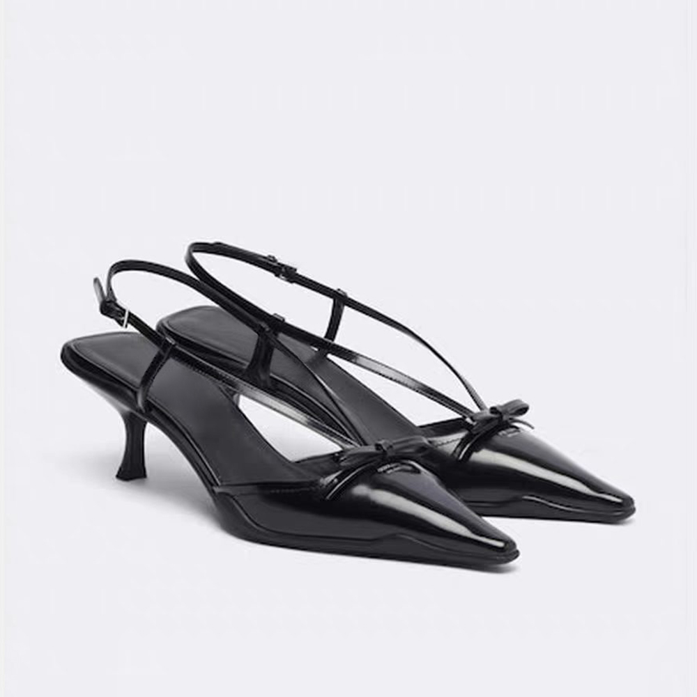 Top quality women's 55mm kitten heel pointed toe sandal Luxury patent leather bow slingback dress shoes women fashion sexy designer sandals siz