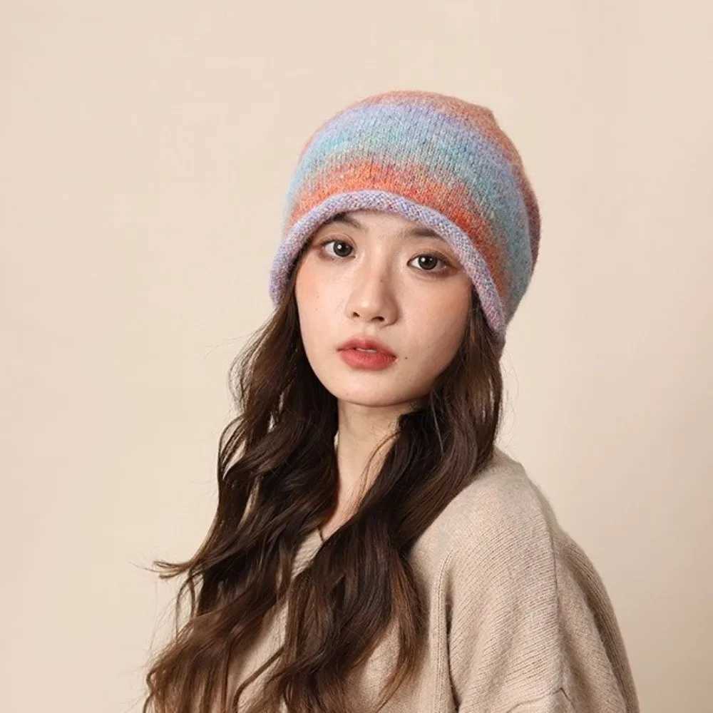 Beanie/Skull Caps Versatile Gradient Color Knitted Stacked Hat Rolled Brim Elastic Y2K Pullover Cap Soft Korean Style Brimless Beanie Cap WarmerT261