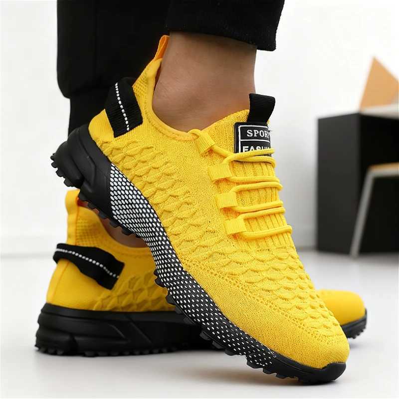 Casual Shoes Men's Shoes 2025 Hot Sale Yellow Knit Sport Sneakers Lightweight Mesh Non-Slip Casual Trainers Comfortable Outdoor Running Shoes H