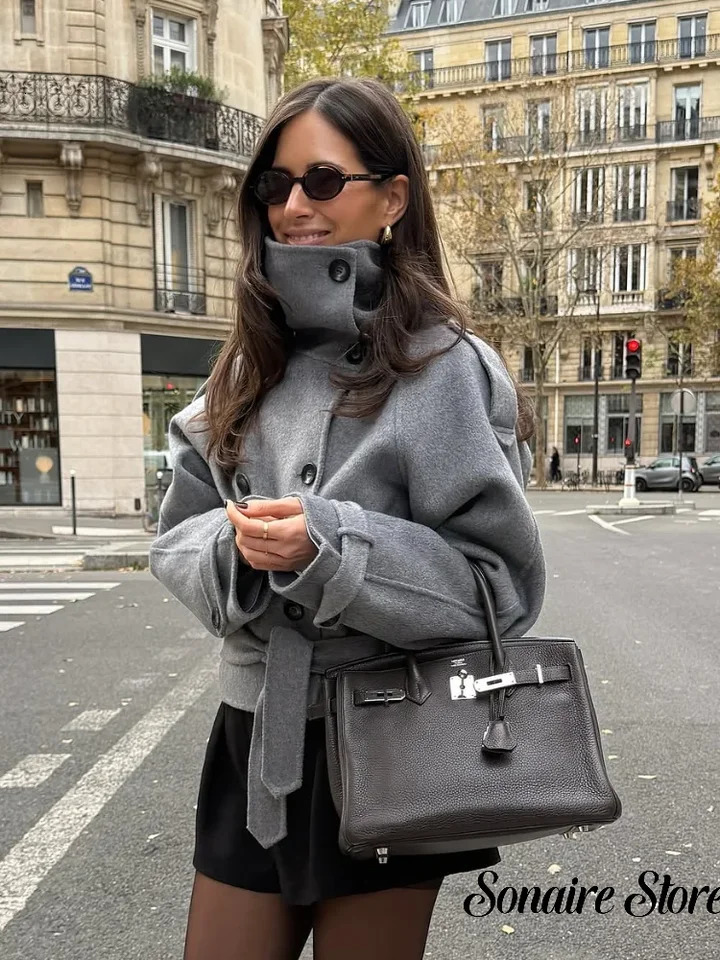 Grey Turtleneck Woolen Coat Women Elegant High Collar Double Breasted Pocket Lace Up Short Overcoat Lady Chic Daily Street Coats 261016